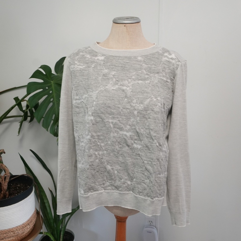 Lafayette 148 New York Sweater Womens M Grey Linen Silk Lace Front Pullover Knit